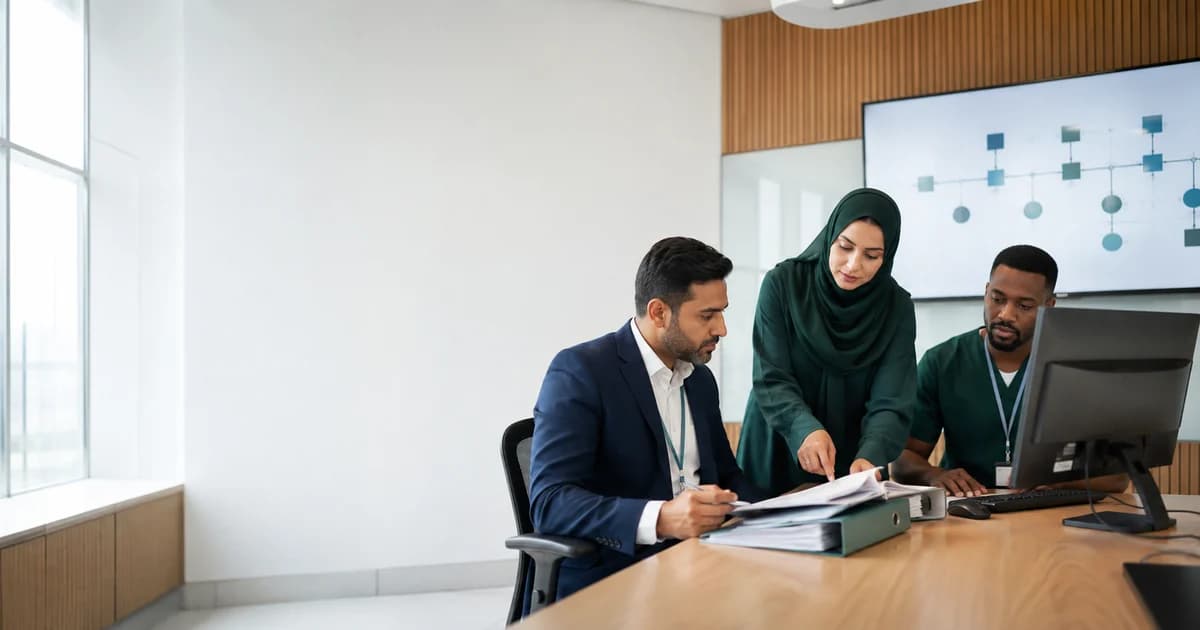 فريق رعاية صحية يراجع قائمة جاهزية تدريب ADHICS V2